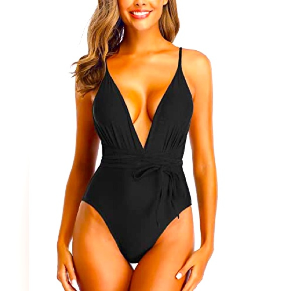 Holipick Sexy One Piece Swimsuits Plunge V Neck Snake Skin Bathing Suits-Black